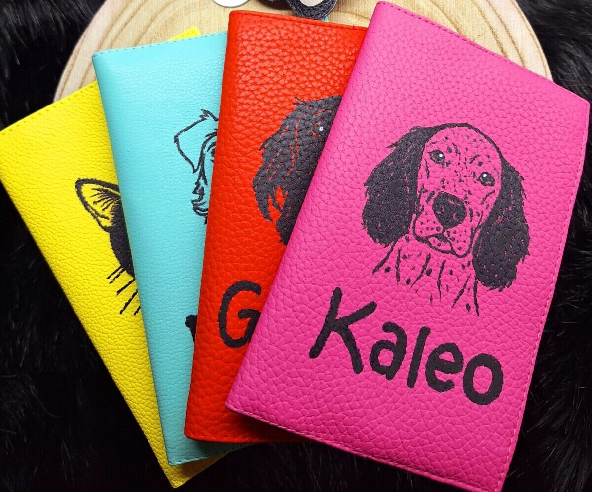 Pet passport cover with pet's picture and name
